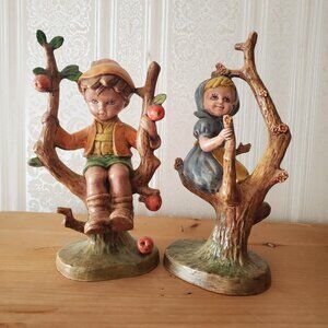 Vintage Ceramic Apply Tree Girl and Boy - Handpainted